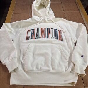 Vintage Champion Hoodie Mens Sz Med White Spellout Reverse Weave Warm Up VTG